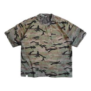 WIROTE威络日系军潮渐变晕染迷彩水洗做旧落肩工装袖短袖T恤上衣