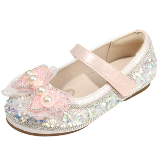 百丽童鞋秋季小珍珠蝴蝶结公主鞋软底时尚百搭皮鞋女童宝宝水晶鞋