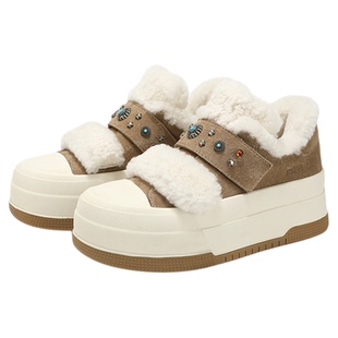 MILLIE'S/妙丽冬季新品艺术家联名魔术贴厚底保暖毛毛板鞋女卡其Q