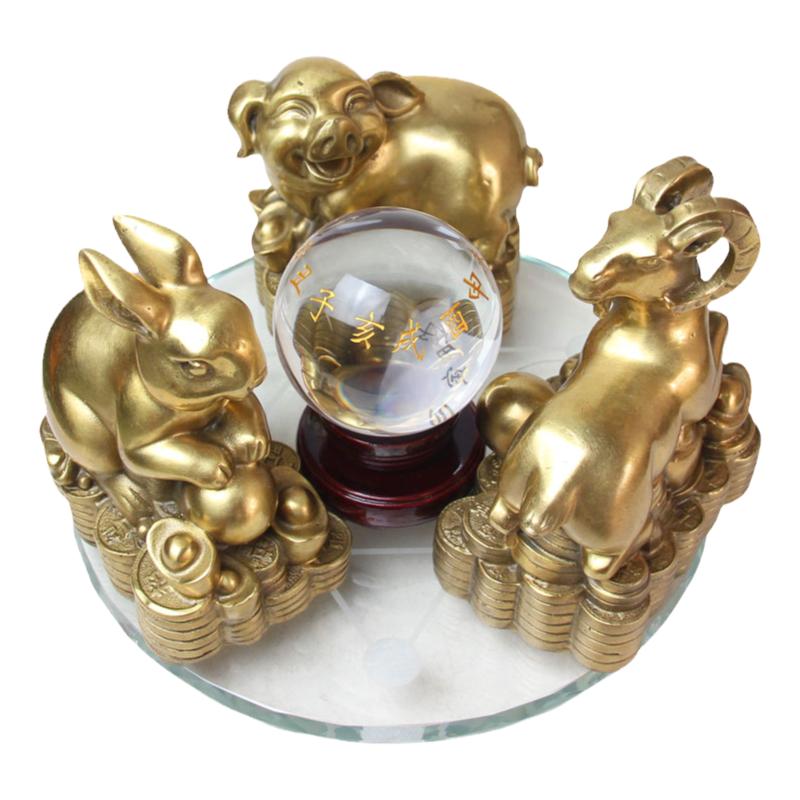 泰山福緣閣 新品 三合水晶球擺件虎馬狗兔豬羊牛蛇雞家居飾品