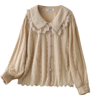 大码女装韩版娃娃领蕾丝长袖衬衫