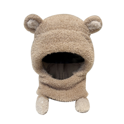 可爱小熊毛绒帽子围巾一体女士