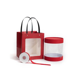 新年礼品抱抱桶圆形零食糖果烘焙蛋糕包装盒圣诞红色开窗手提拎袋