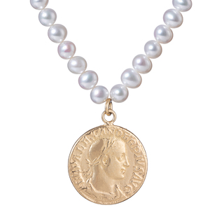 JOYSTONE意大利天然淡水珍珠金币项链女复古设计感优雅锁骨链送礼