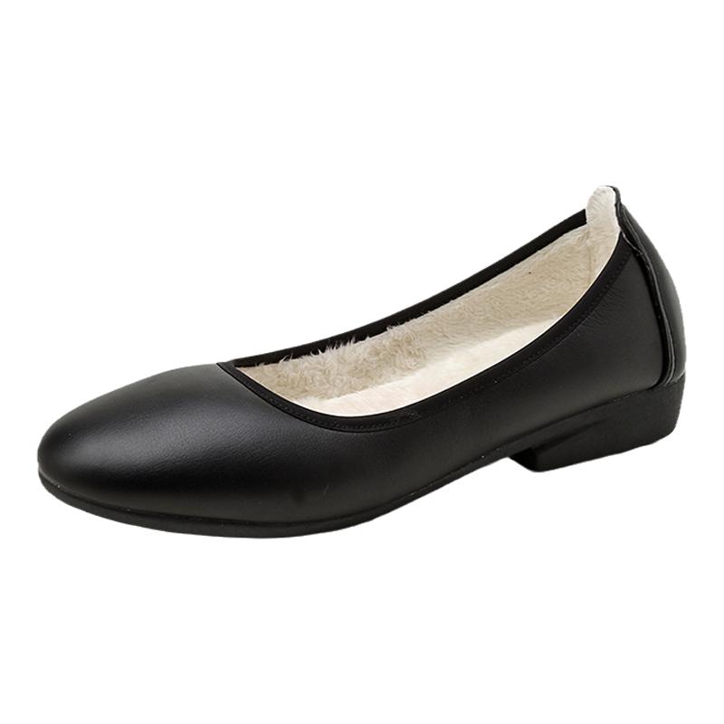 黑色真皮单鞋工作加绒女保暖平底上班毛毛厨房餐厅女鞋圆头羊毛鞋
