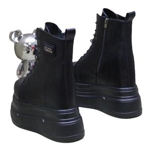 16公分高帮真皮鞋女2023秋新款小个子加绒内增高厚底休闲全黑女鞋