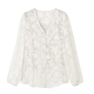 Basic House/百家好白色轻奢钩花刺绣衬衫高级感长袖上衣春季新款