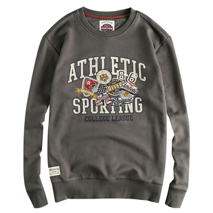 新品橄榄球复古元素字母图案圆领卫衣男水洗牛肚毛圈套头上衣长袖