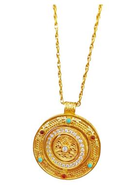 古法花丝八宝罗盘项链女纯银镀黄金色镶钻时来运转圆环锁骨链国风