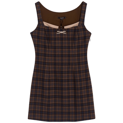 bebe2025秋季新款女士学院风格纹设计蝴蝶结吊带A字连衣裙350015