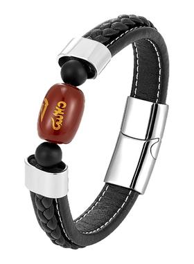 复古六字真言圆形潮流男女手链黑色编织皮绳手绳不锈钢磁性扣首饰