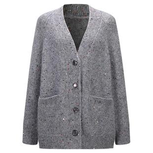 three quarters 秋冬女士V领宽松针织开衫外套银泰百货 301355