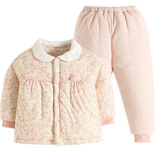 女童三层夹棉保暖套装婴幼儿冬季棉衣婴儿童宝宝棉服冬装分体睡衣