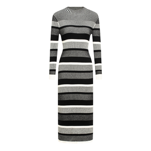EVAOUXIU轻奢针织连衣裙100羊毛衣修身直筒条纹包臀显瘦内搭长裙