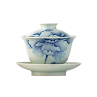 三勤堂手绘青花牡丹三才盖碗景德镇陶瓷功夫套组个人专用高档茶具