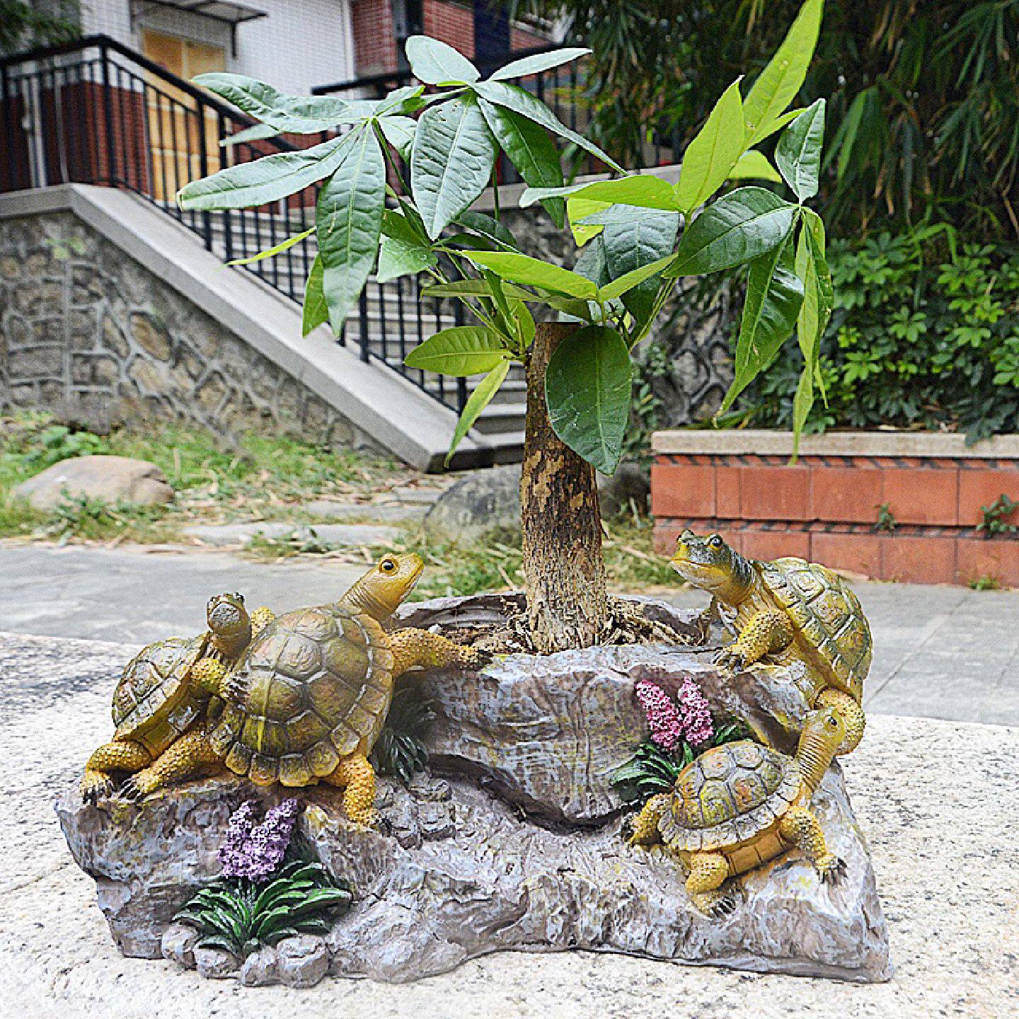 鱼池鱼缸造景装饰品乌龟摆件花盆种铜钱草微盆景乌龟摆台树脂工艺
