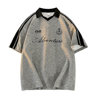 美式撞色条纹polo衫男款痞帅高级感翻领短袖t恤国潮拼接宽松上衣