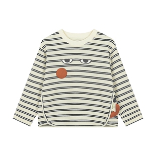 马拉丁童装儿童T恤26春新款男女小童萌趣小猫条纹华夫格