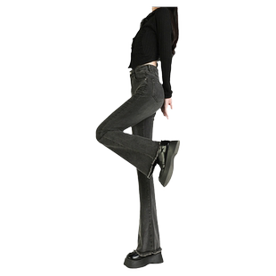 烟灰色紧身微喇牛仔裤女美式毛边马蹄裤小个子喇叭裤高腰显瘦春秋