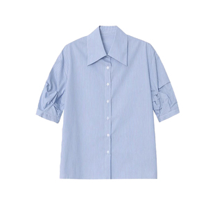 幂典蓝色条纹衬衫女短袖2025夏季新款面试体制内气质正装通勤衬衣