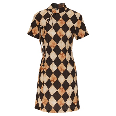 APOZi collection【博弈山水】新中式斜襟棋盘格短款天丝旗袍裙