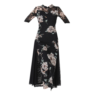 古典舞舞蹈练功服改良性感旗袍中袖黑色蕾丝中长款古风爵士舞服装