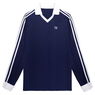 UMAMIISM 有茂密声 复古条纹t恤秋季新款v领长袖薄款白色polo衫