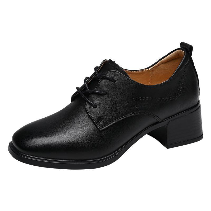 金猴女鞋2025春秋季新款系带牛皮粗跟高跟英伦风单鞋真皮工作女鞋