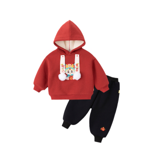 宝宝连帽卫衣裤子套装冬装加厚加绒男童过年服唐装女童周岁礼服龙