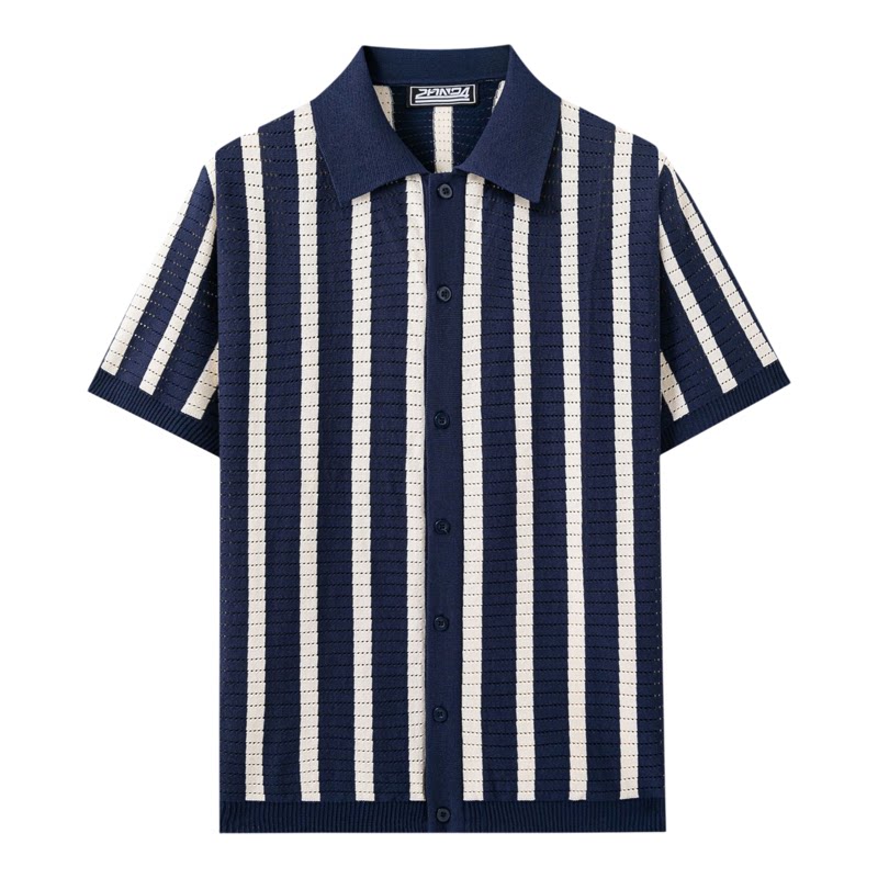 2026夏欧美商务休闲针织开衫POLO衫条纹拼色短袖衬衣Men's shirt