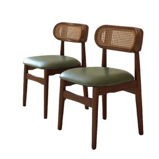 中古风餐椅家用实木藤编靠背椅子法式复古餐厅吃饭木头凳子餐桌椅