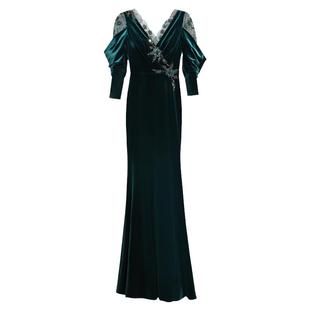 创意狐丝绒年会晚礼服女长袖冬季主持人演出服长裙秋冬显瘦鱼尾裙