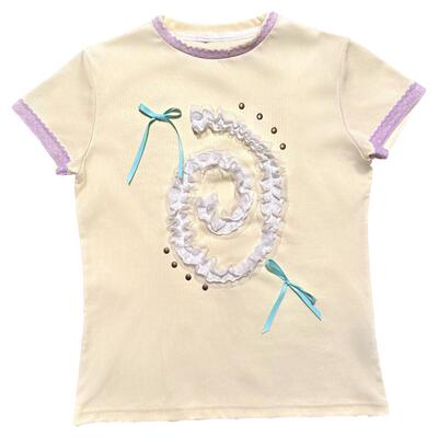 蜗牛骸可爱蝴蝶结蕾丝短袖撞色