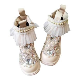 儿童蕾丝花边复古水钻白色马丁靴2023春季天加绒皮鞋女童靴子公主