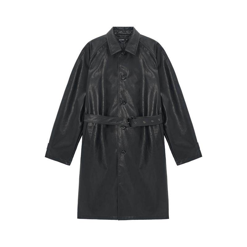 Unvesno(UN) 诺丁山皮衣翻领中长款复古知识分子风衣秋冬风衣外套