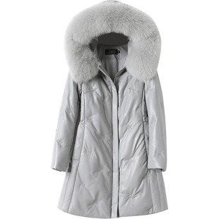 绵羊皮外套中长款连帽狐狸毛领加大码白鸭绒新款海宁真皮女皮衣