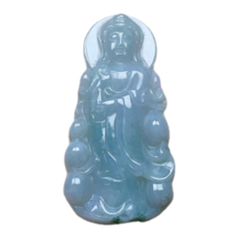 天然翡翠观音吊坠大件淡绿飘花