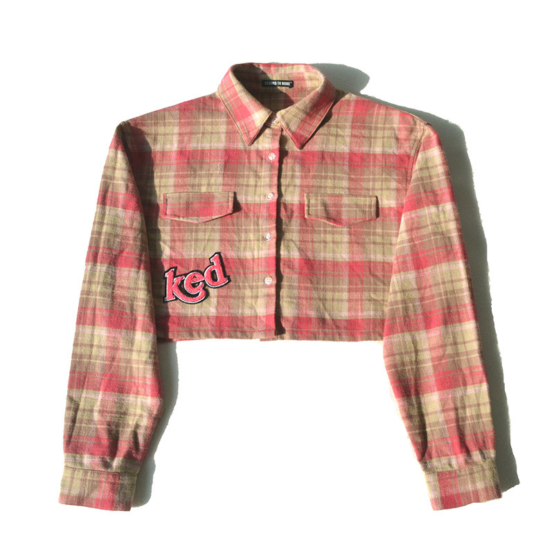 STN设计感甜酷字母刺绣纯棉格子衬衫春秋辣妹短款宽松长袖衬衣女