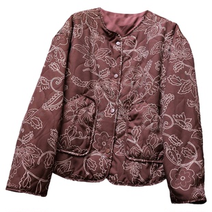 复古印花宽松绗缝圆领单排扣外套2025冬季新款长袖女棉衣棉服B641