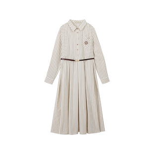 一城画一新款通勤高腰显瘦衬衫领长裙竖条纹长款连衣裙