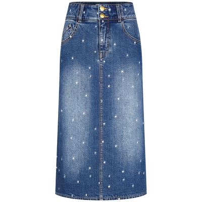宝姿PORTSPURE女装群星绣花百搭开衩牛仔半身中长裙