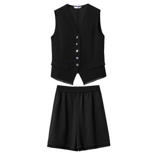 Amii2026夏新款度假风拼散边雪纺亚麻马夹休闲短裤套装女两件套