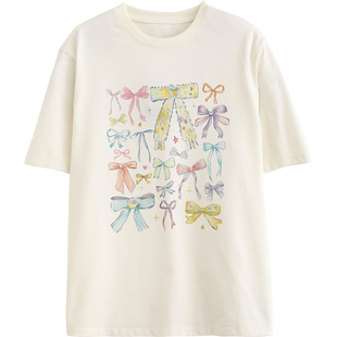 诺诺公主S1N初中生2026夏新款蝴蝶结印花T恤女青少年甜美宽松上衣