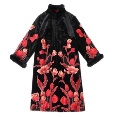 春秋妈妈装风衣外套刺绣加绒高贵