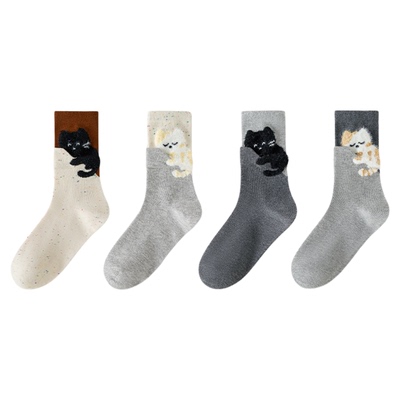 可爱猫咪中筒袜子女卡通植绒棉袜