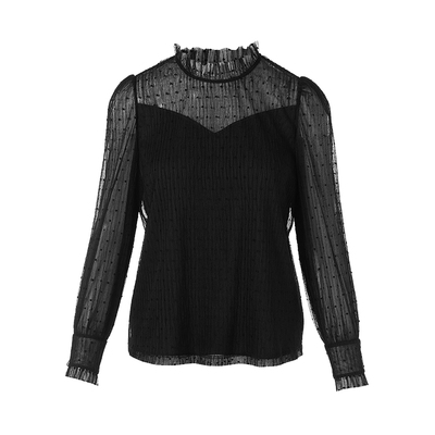 朗姿集团LIME莱茵法式优雅氛围感黑色蕾丝衬衫春半高领上衣