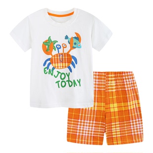 婴儿童夏季短袖套装男女童夏装卡通螃蟹印花T恤薄格子短裤两件套