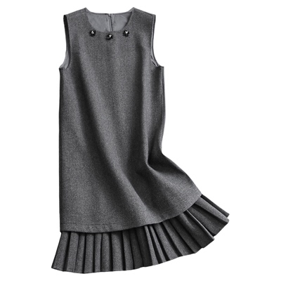 亮片串珠圆领百褶假两件背心裙女