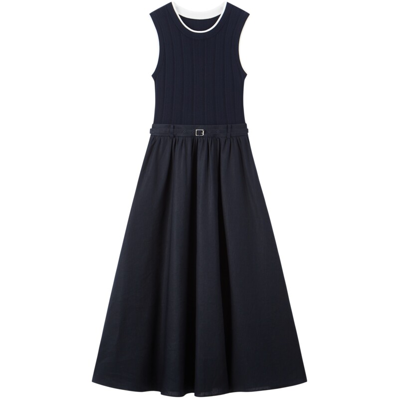 张婧仪同款 太平鸟大师蓝银边海岸商场亚麻无袖连衣长裙A1FAG2174