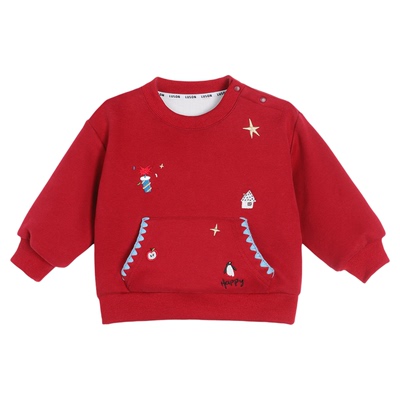 小O爸男婴童 宝宝加绒卫衣刺绣红色冬季2025新款口袋婴儿新年衣服